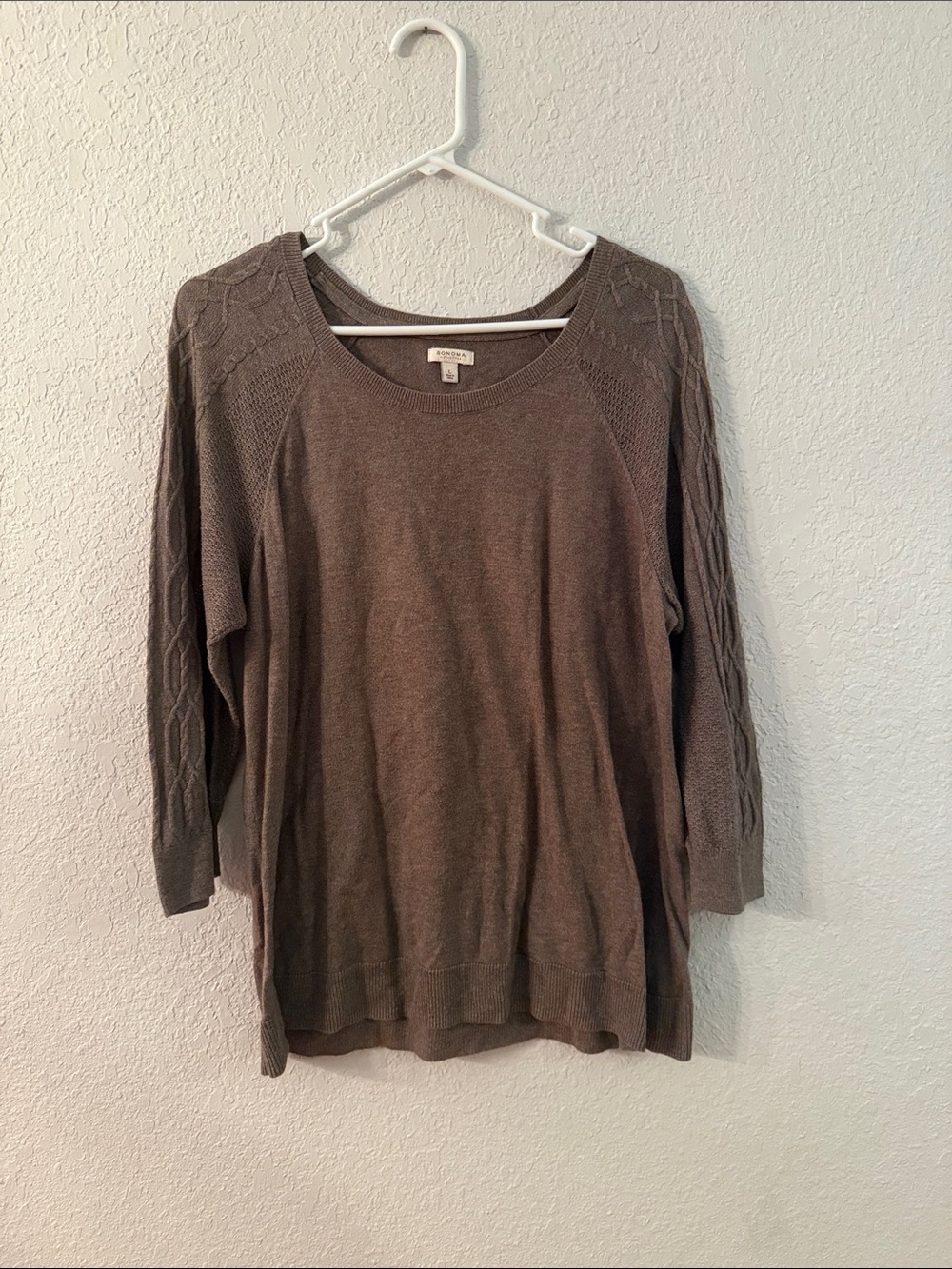 Sonoma Taupe Cable-Sleeve Crewneck Sweater